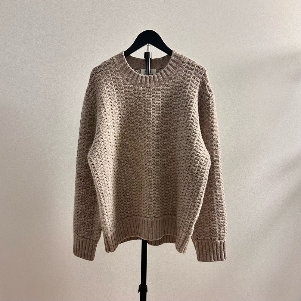 COS Relaxed Pointelle Knit Pure Cashmere Beige Chunky Crew Neck Sweater Size M